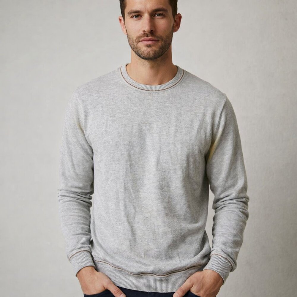 ELEVENTY Light Gray Crewneck Sweater with Brown Thread Trim 100% Cotton Sz L